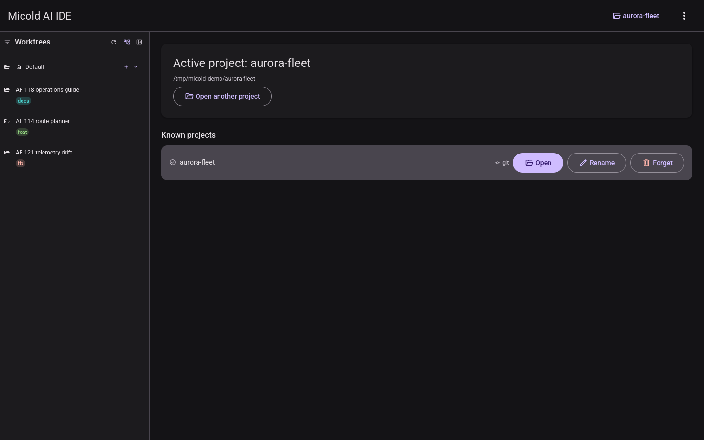 The same window in the dark theme: the same worktree sidebar and project details, on dark surfaces.