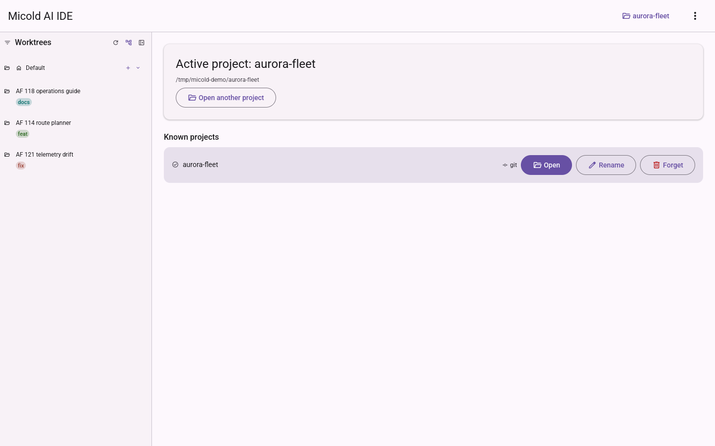 The Micold AI IDE window with the demonstration project open: a sidebar listing the project's worktrees on the left, and the active project's details filling the rest of the window.