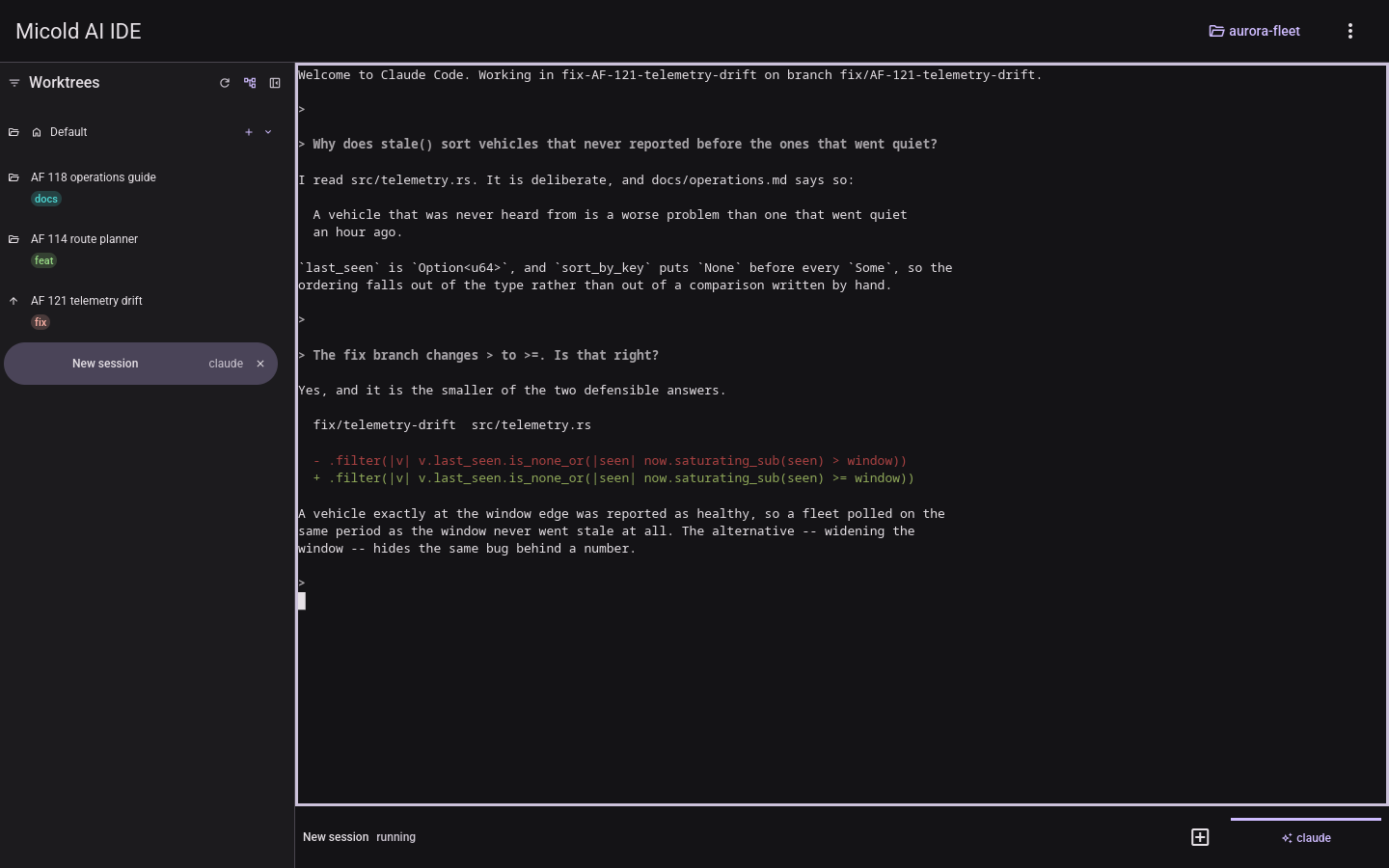 The same session and the same coloured diff in the dark theme.