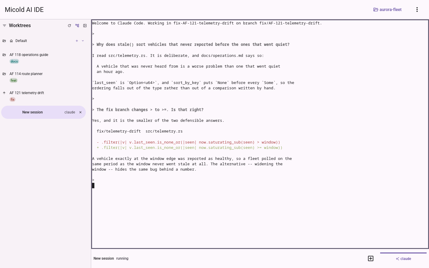 A session running in the telemetry-drift worktree. The terminal holds two questions and their answers, ending in a two-line diff -- the removed line in red, the added line in green -- that changes a comparison from greater-than to greater-than-or-equal.