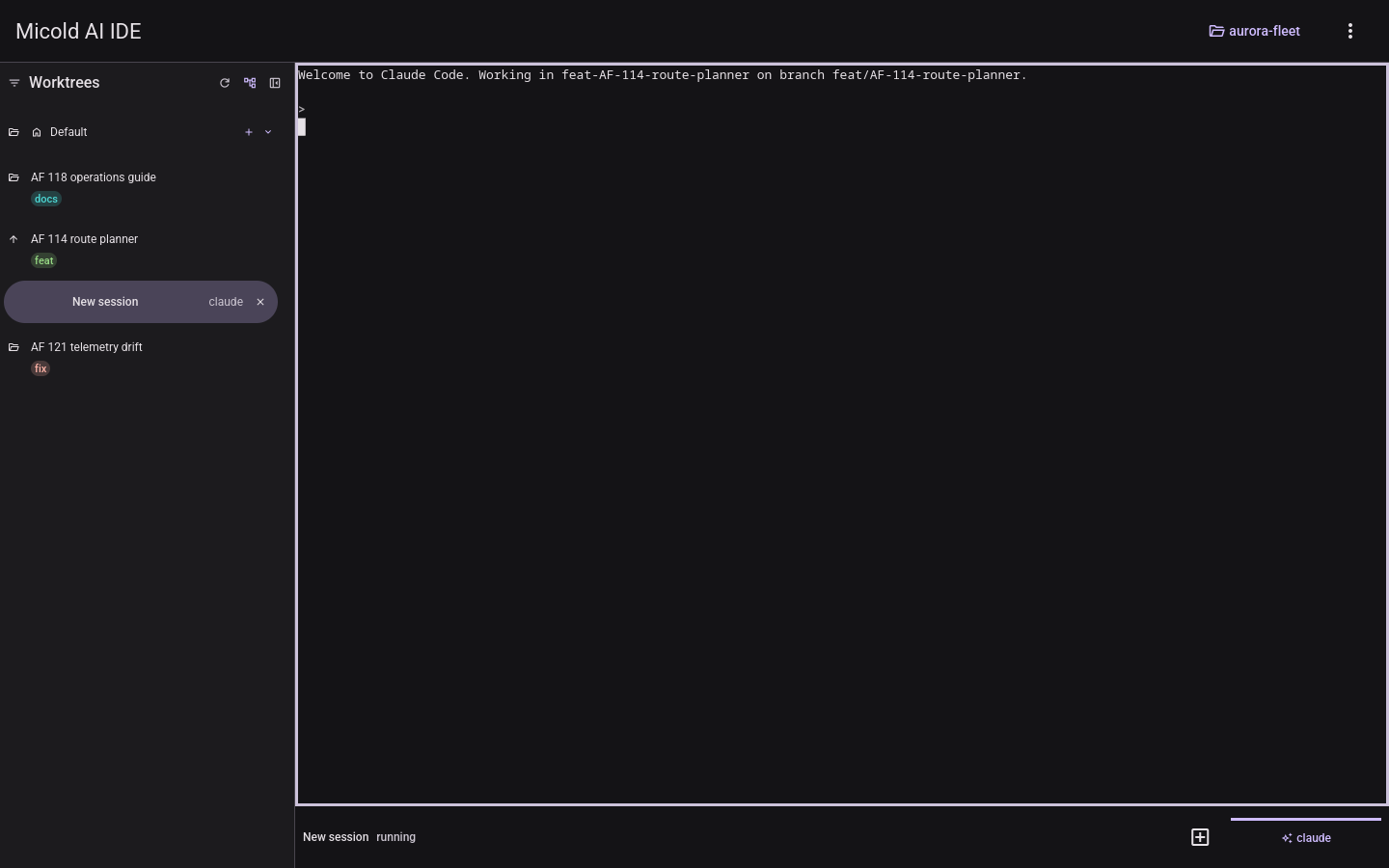 The same worktree sidebar and open session in the dark theme.