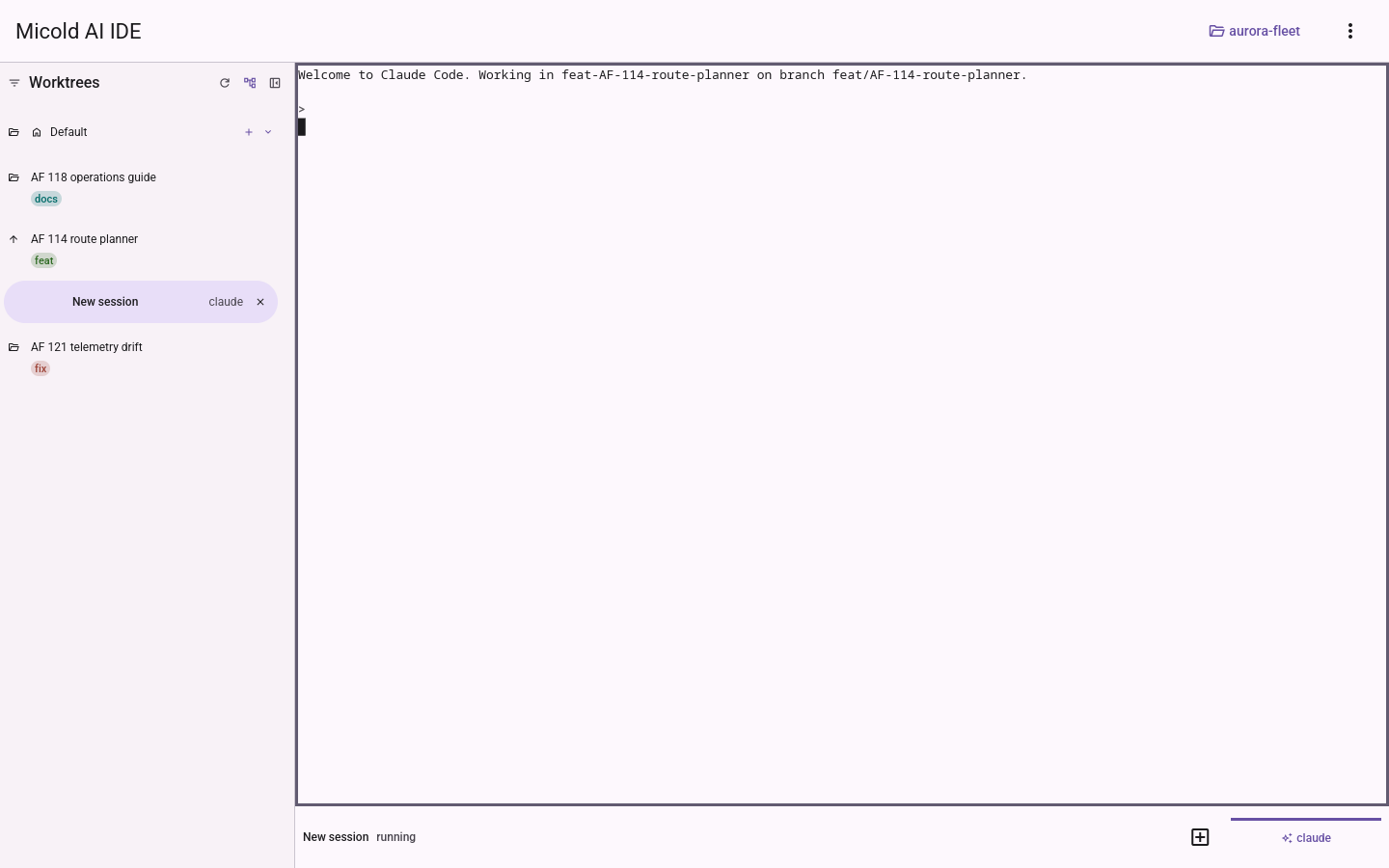 The worktree sidebar listing the project's own checkout and three worktrees, each tagged with the kind of branch it holds -- docs, feat and fix. The second worktree is expanded, and the session open inside it is selected; the terminal beside it says the session is working in that worktree, on its branch.